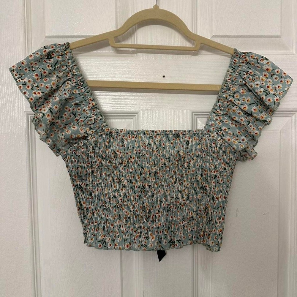 Lulus Floral Smocked Crop Top Ruffle Sleeve Boho Peasant Green Multi‎ Womens M